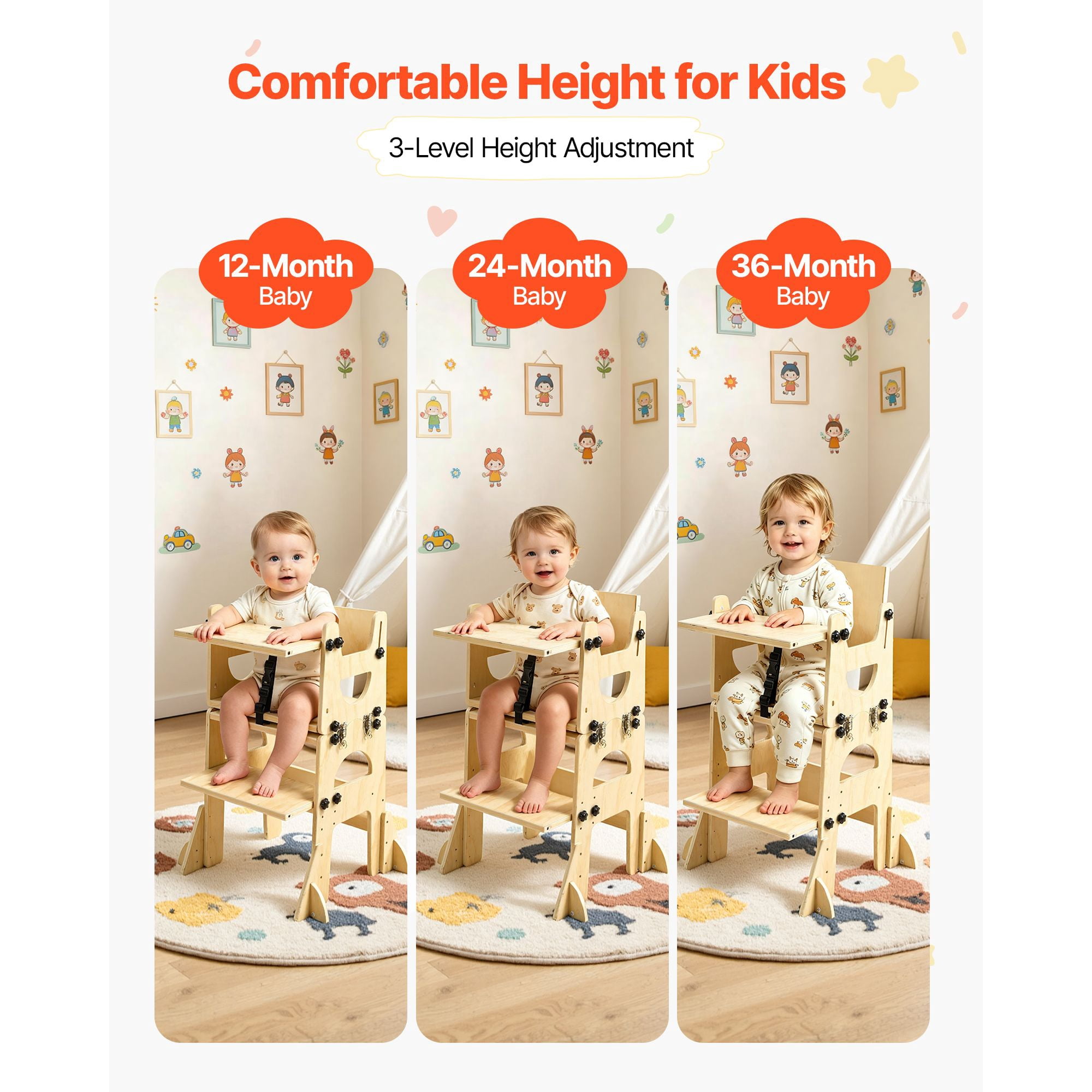 Toddler Tower, Wooden, Adjustable Kitchen Step Stool for Kids 1-5, Montessori Weaning Table and Chair Set, Learning Standing Tower with Chalkboard, Backrest, for Bathroom and Kitchen Counter
