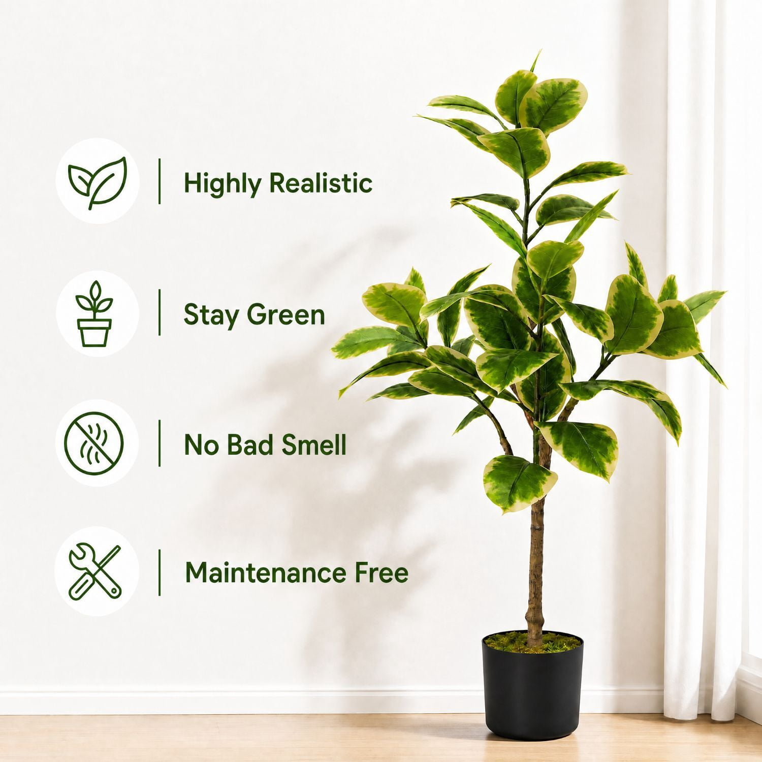 Easy4Home 4FT Artificial Variegated Rubber Plant Faux Ficus Elastica Tineke Tree Potted Indoor Floor Plant - Simple Assembly Needed