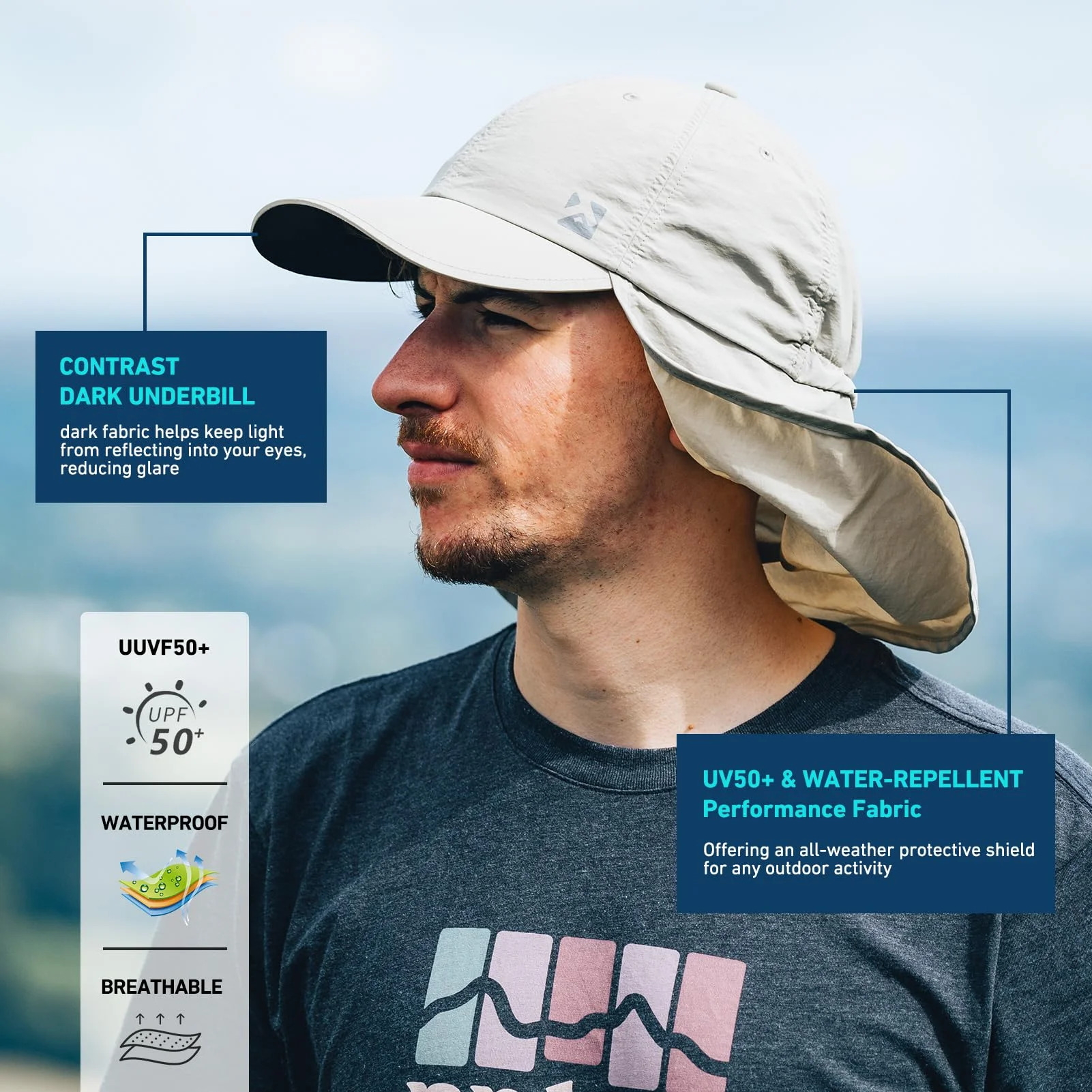 TOP-EX XL/XXL Waterproof Baseball Cap Men with Neck Flap UV Protection Sun Hats Women, Foldable Summer Hats Safari Hiking Outdoor Hat Breathable Adjustable Dark gray L/XL