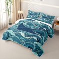 thumbnail image 3 of Manfei Cartoon Manta Ray Quilt King, Anime Ocean Wave King Coverlet Set, Teal Blue, 3pcs, 1 Bedspread and 2 Pillowcases, 3 of 7