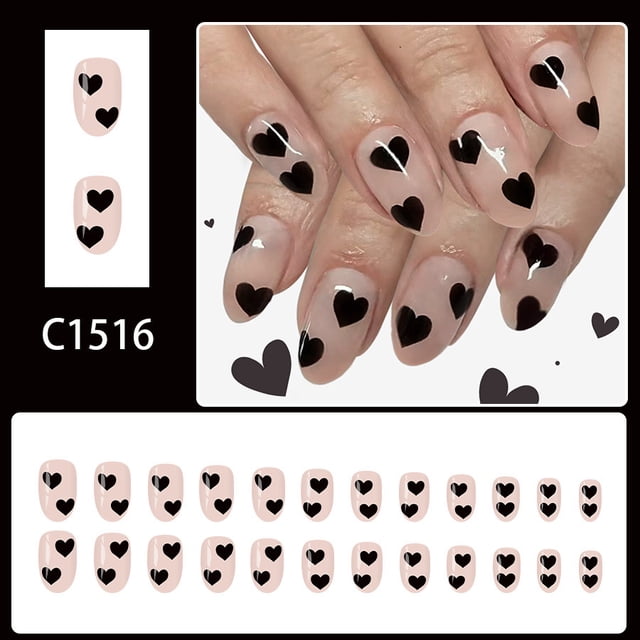 Uñas postizas para San Valentín, uñas acrílicas cortas y brillantes, uñas de corazón, uñas postizas artificiales, 24 uñas postizas.