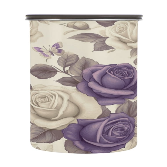 Wobogo Purple White Flowers Pattern Food Storage Jars 304 Food Grade Stainless Steel Canisters With Vacuum Airtight Lids for Coffee Snacks Nuts Cereal 900ML