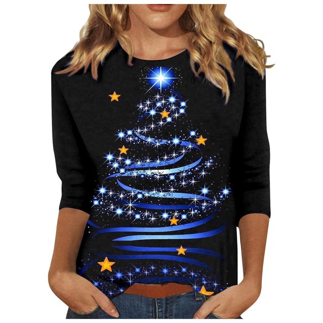 WEAIXIMIUNG T-Shirt Décontracté Col Rond Imprimé de Noël Manches Trois-Quarts pour Femmes Saint-Valentin