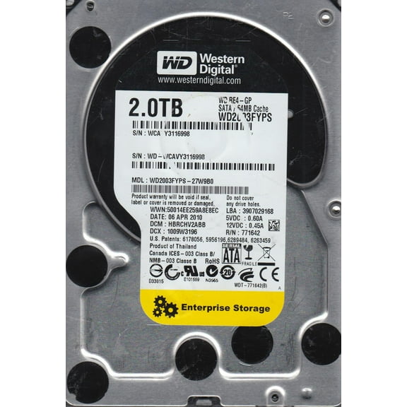 WD2003FYPS-27W9B0, DCM HBRCHV2ABB, Western Digital 2TB SATA 3.5 Hard Drive