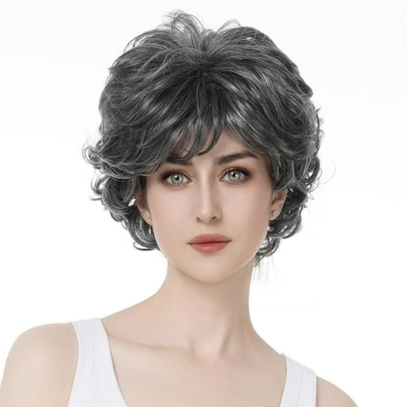 Aimole Pelucas sintéticas cortas y rizadas, pelo completo sin tapa, peluca gruesa para mujer para pelucas de pelo gris de uso diario