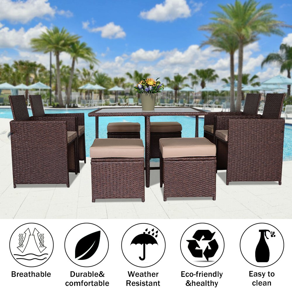 9 Piece Outdoor Patio Dining Set with 4 PE Wicker Chairs, 4 Ottomans, Glass Table, All-Weather Space Saving Rattan Outdoor Conversation Set with Cushions for Backyard, Lawn, Garden, Poolside, LLL163 - image 4 of 9