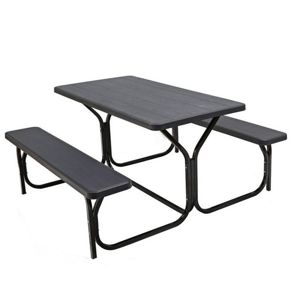 Kepooman Picnic Table, Camping Table, HDPE Outdoor Picnic Table Bench Set with Metal Base-Black