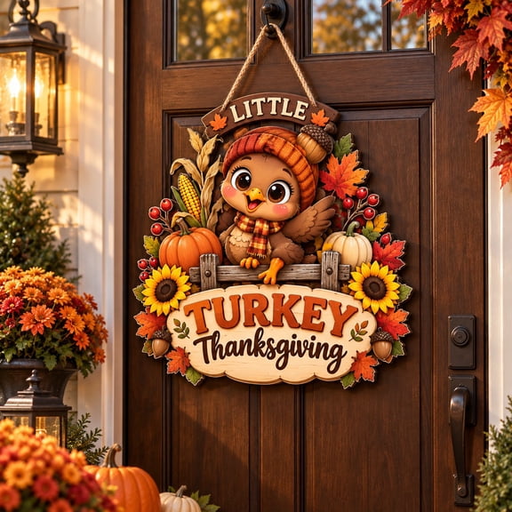 Little Turkey Thanksgiving Wooden Door Sign for Holiday Entryway Decor
