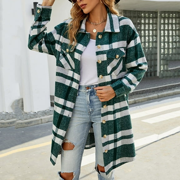 Womens Long Flannel Plaid Shacket Jacket Trendy Fall Long Sleeve Button Down Shirts Casual lannel Tartan Trench Coats