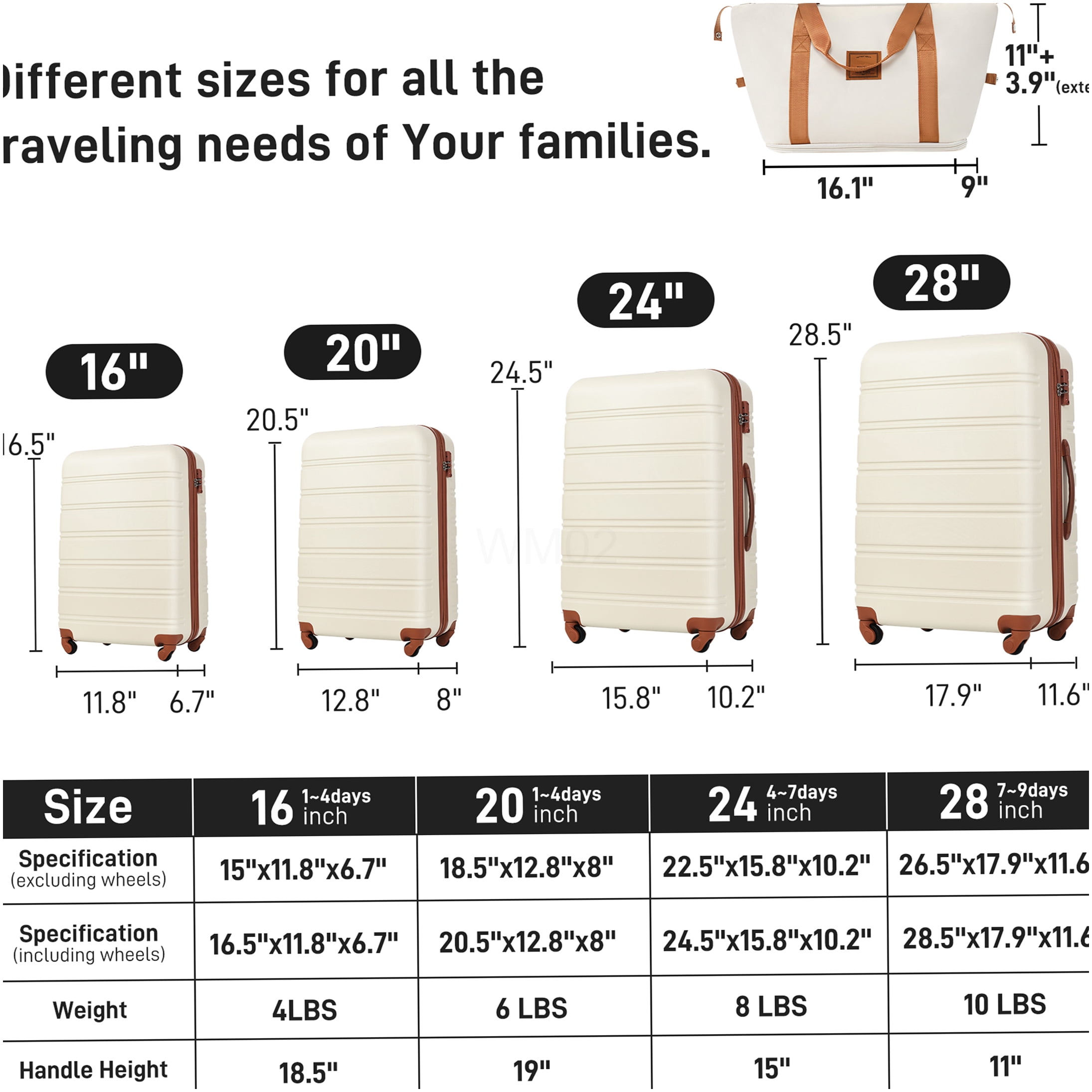 4-Piece ABS Hardshell Luggage Set with Spinner Wheels and TSA Lock, Expandable Lightweight Suitcase Collection in Brown and White