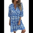 thumbnail image 1 of Vestido Bohemio Midi de Verano para Mujer, Cuello en V, Estampado Floral, 3/4, Informal, Holgado, Plisado, para Playa Azul XL, 1 of 8
