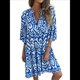 thumbnail image 1 of Vestido Bohemio Midi de Verano para Mujer, Cuello en V, Estampado Floral, 3/4, Informal, Holgado, Plisado, para Playa Azul XXL, 1 of 8