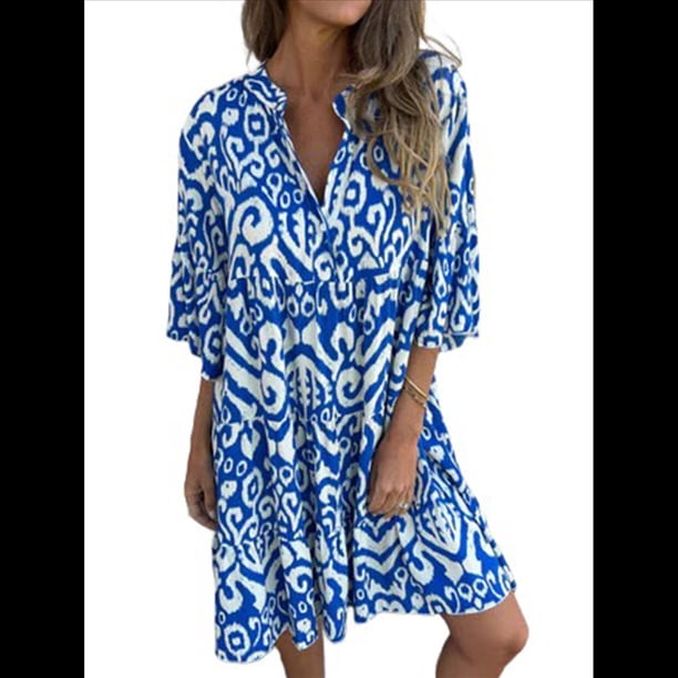 Vestido Bohemio Midi de Verano para Mujer, Cuello en V, Estampado Floral, 3/4, Informal, Holgado, Plisado, para Playa Azul XXL