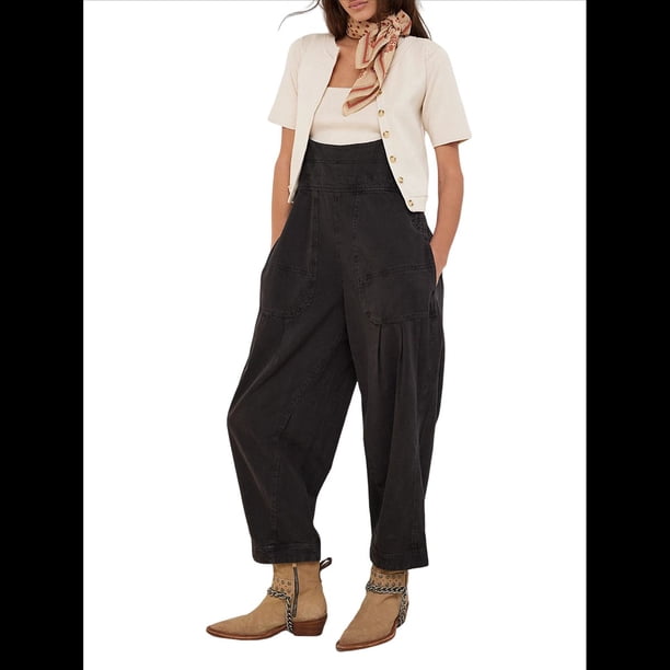 Mono Vaquero Holgado Informal Sin Mangas con Bolsillos Ajustable para Mujer Negro M