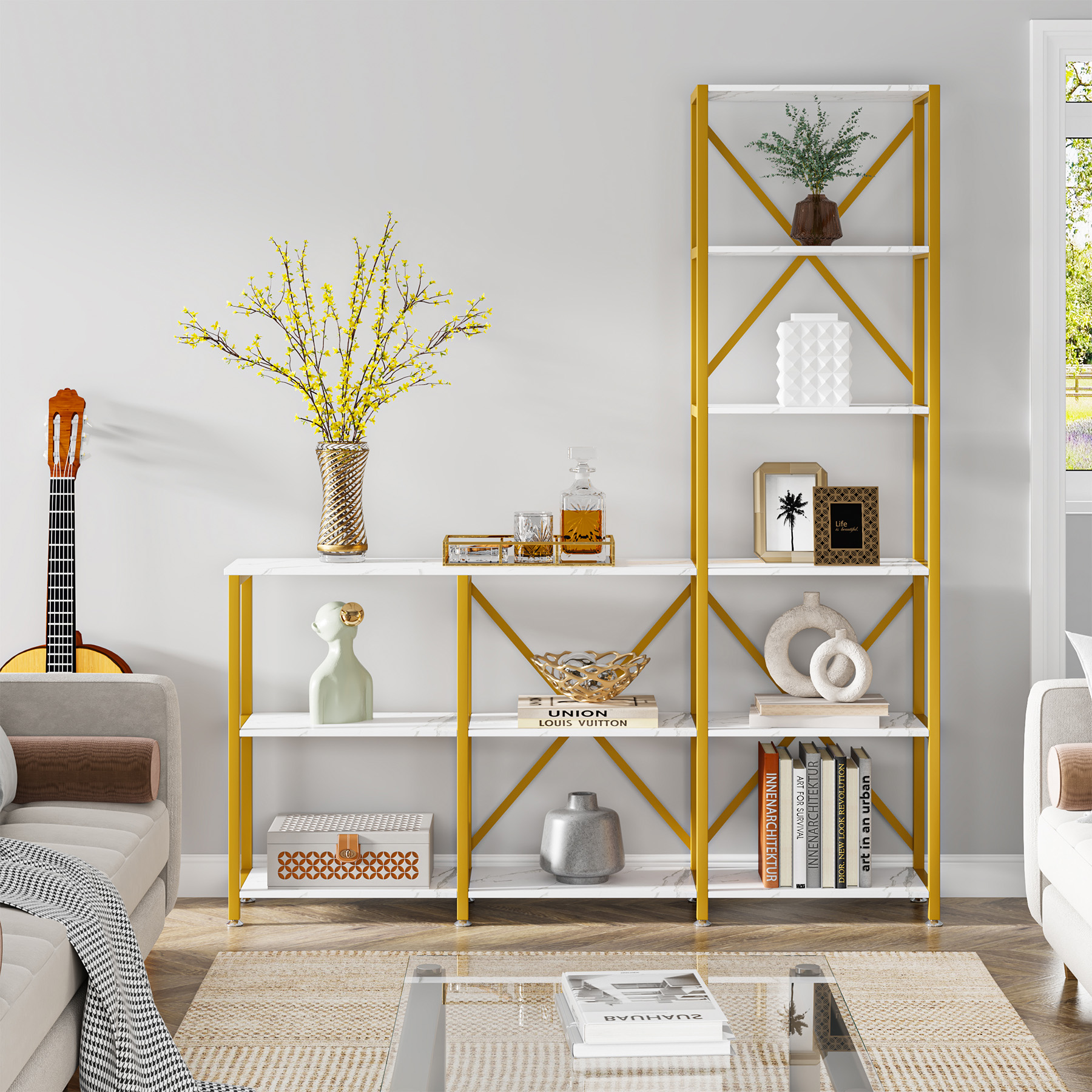 L shaped 9 Shelves Bookshelves Etagere Bookcase Display Shelf Storage