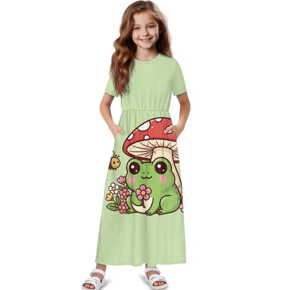 Uourmeti Girls Dress with Cartoon Frog Mushroom Print Short Sleeve Round Neck Casual Maxi Dresses with Pockets Summer Long Sundress for Kids, Size 11-12 Years