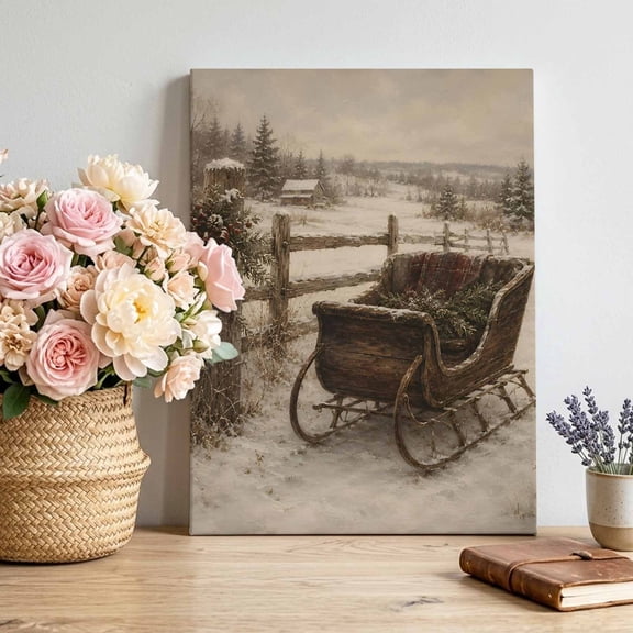 Canvas Wall Art Christmas Sleigh Canvas Art Print Winter Vintage Farmhouse Wreath Pine Tree Snow Pictures Wall Decor for Living Room Bedroom Artwork Decorations Stretched Framed Ready to Hang 18"x24"