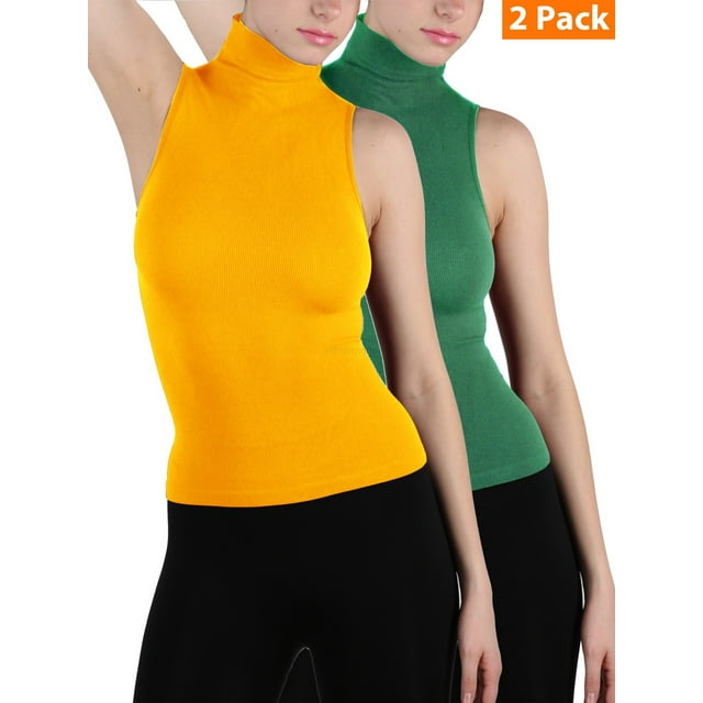 2Pack Women Sleeveless Ribbed Mock Neck Turtleneck Shirt Slim Fitted