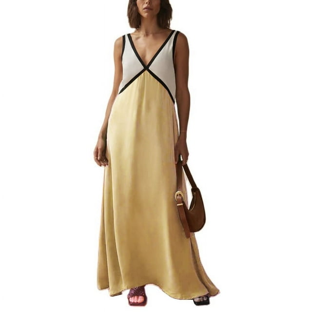 Gupgi Robe Longue pour Femmes Sans Manches à Col en V, Robe Évasée à Couleurs Contrastantes, Robe d'Été Patchwork Ample