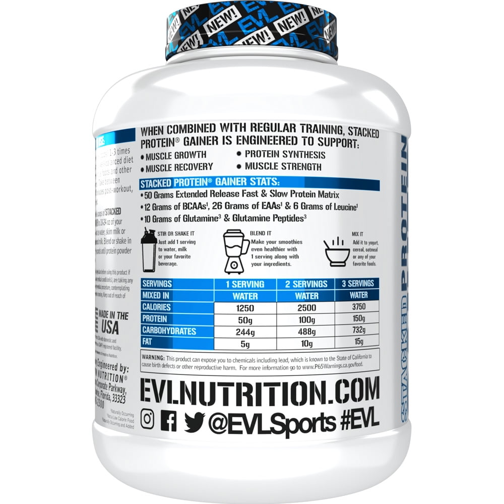 Evlution Nutrition Stacked Protein Gainer, 50 Grams Whey Protein Powder Complex, 250 Grams Carbohydrates, Build Muscle, Recovery, Post Workout, Gluten-Free - 6 lb