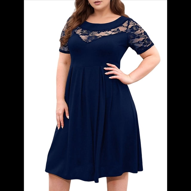 Vestido Midi de Encaje de con Cuello Redondo y Corte Cruzado para Mujer, Talla Grande, para Invitada de Boda o Cóctel Azul XXXL