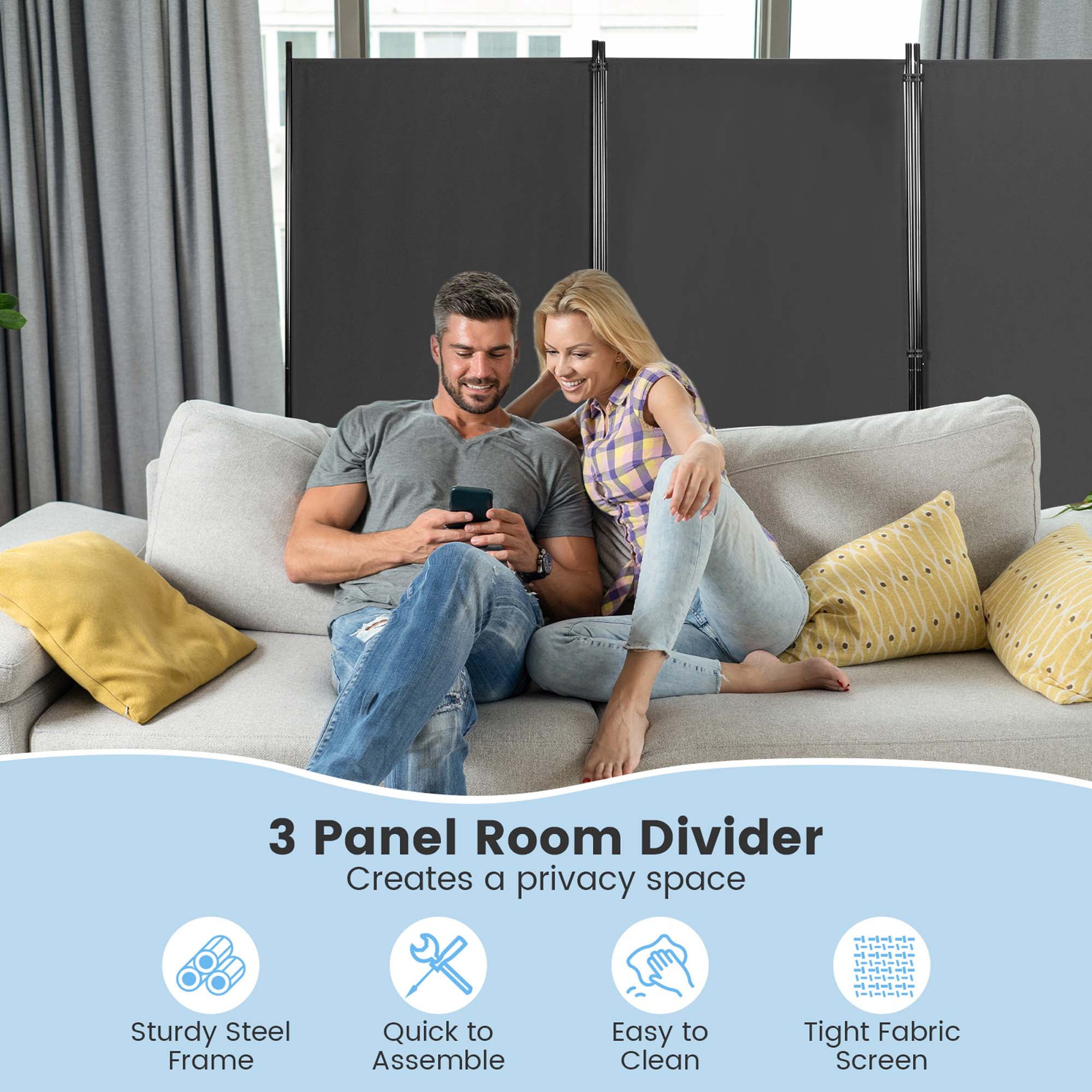 Costway 3-Panel Room Divider Folding Privacy Partition Screen for Office Room Grey