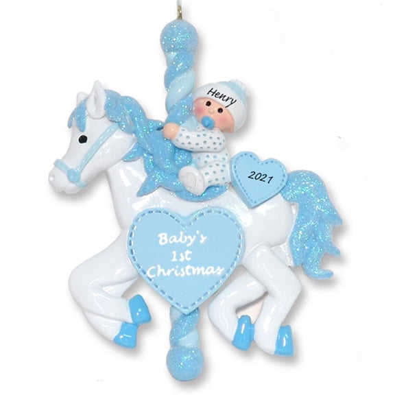 Baby Boy on Carousel Horse- Personalized Christmas Ornament