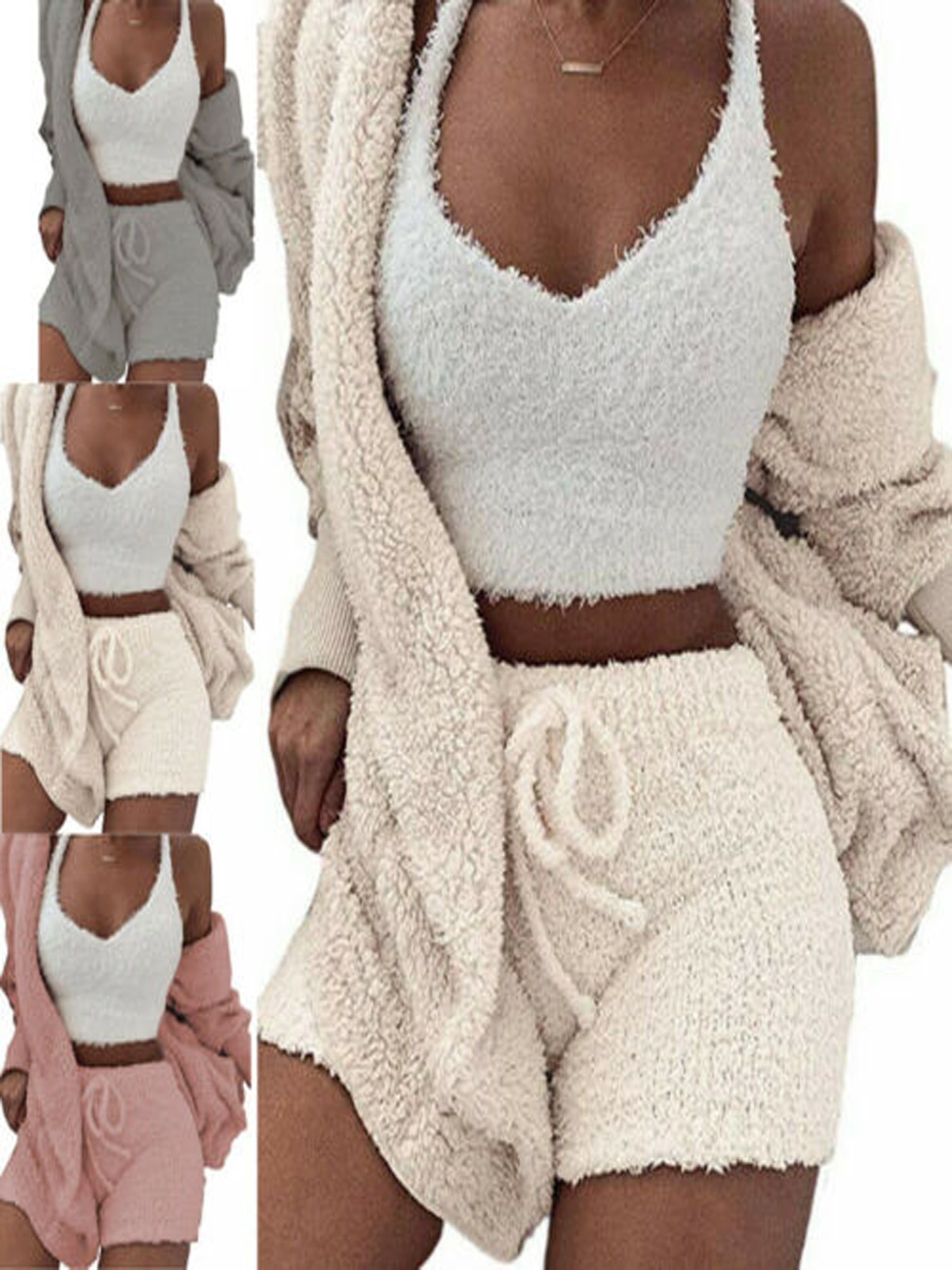 Bagilaanoe - Womens Winter Warm Fluffy 2Pcs Pajamas Sets Ladies Hooded ...