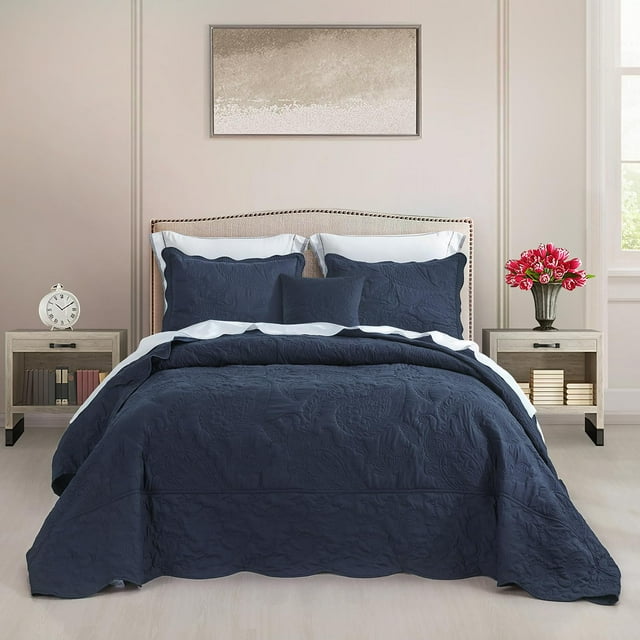 HZ&HY Juego de cama de gran tamaño, colcha acolchada, edredón ligero y fino, reversible, lujoso, 5 piezas, 100 % microfibra, tamaño King/Cal King, color azul marino