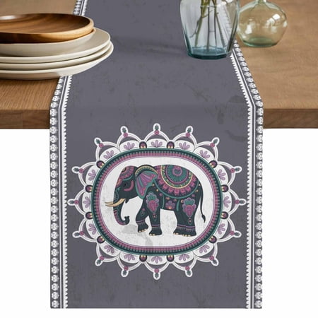 Ethnic Style Elephants Table Runner, Retro National Animal Floral Cotton Linen Kitchen Table Decoration Washable Dining Tabletop Runners for Home Party Decor 13x48 Inches