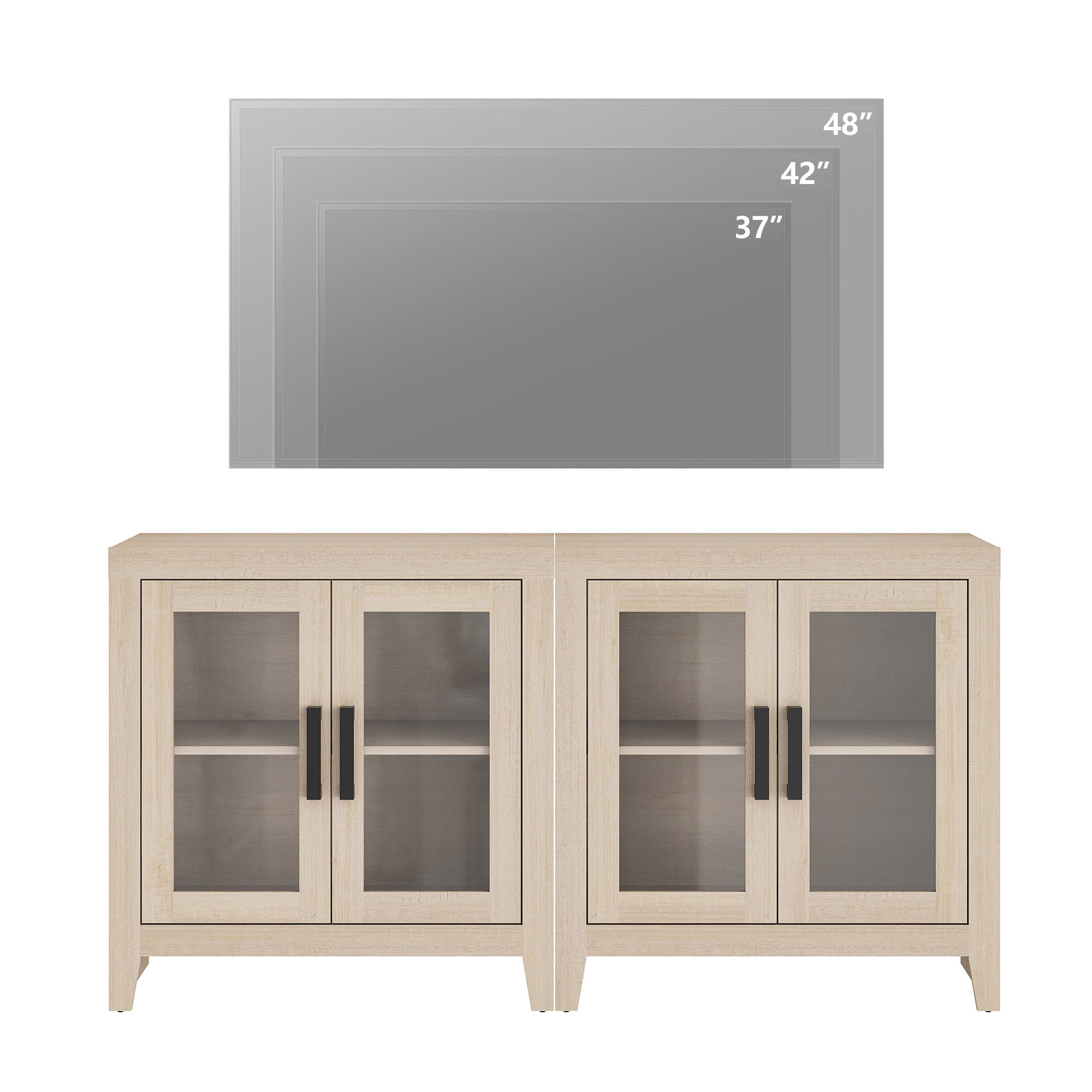 WAMPAT Modern Farmhouse TV Stand up to 70"TV, Entertainment Center with Tempered Glass Doors & Adjustable Shelves, Beige