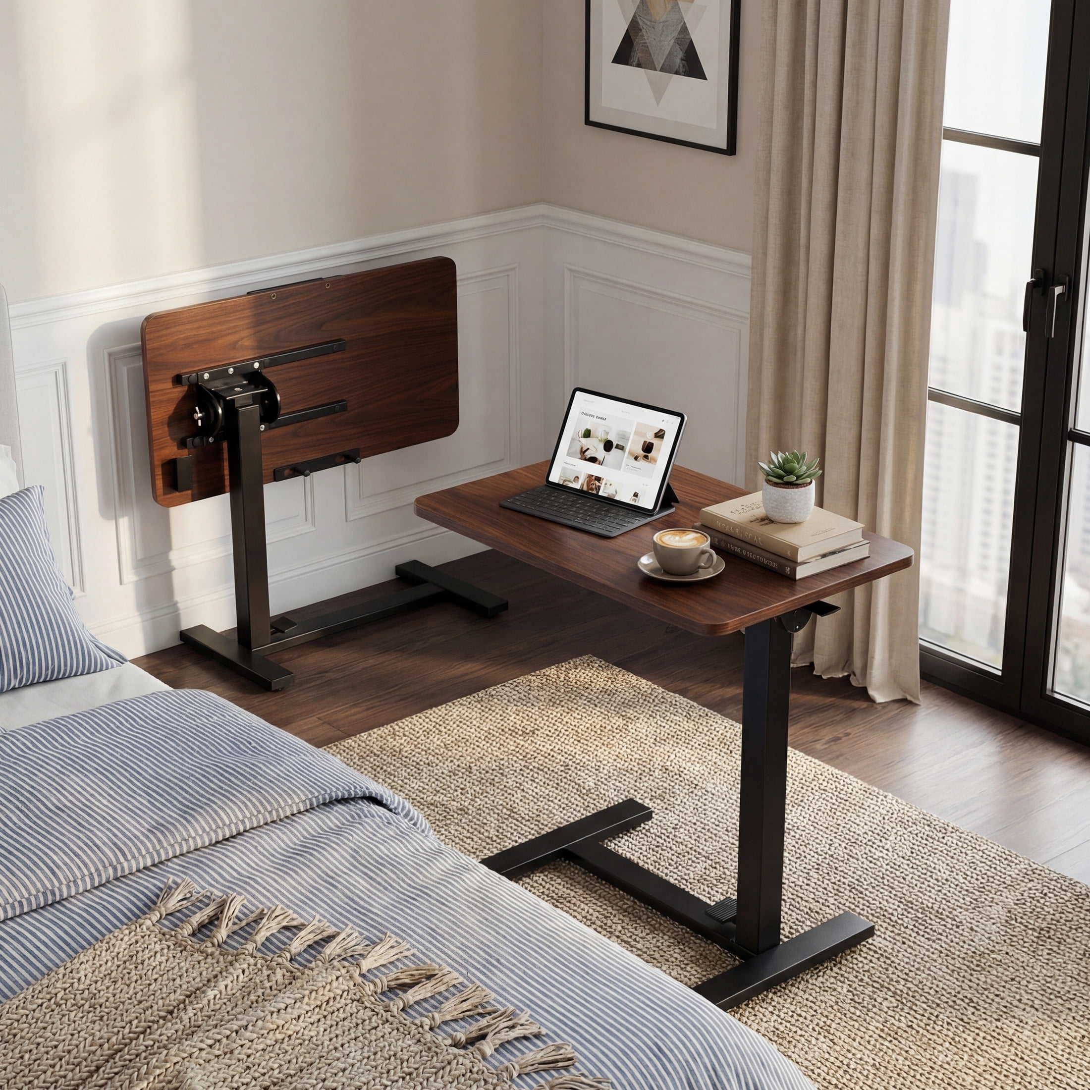 CONCETTA Overbed Table with Wheels Mobile Standing Desk, Adjustable height, Double-Sided Flip, Saves Space for Office, Classroom, Brown