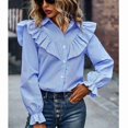 thumbnail image 2 of Camisa de mujer con botones de una sola fila, cuello vuelto, manga larga tipo farol, blusa de rayas empalmada con volantes, azul M, 2 of 7