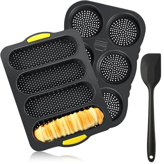 Silicone French Bread Pan and Hamburger Bun Pan Set Nonstick 4 Wave Baking Tray 6Cup Hamburger Bun Mold Bread Pans