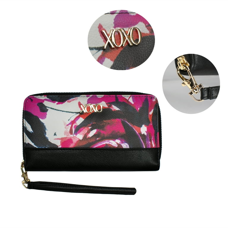 XOXO Women's Mini White Graffeti Saffiano Leather Zip Indexer Wallet  withCrossbody Strap 