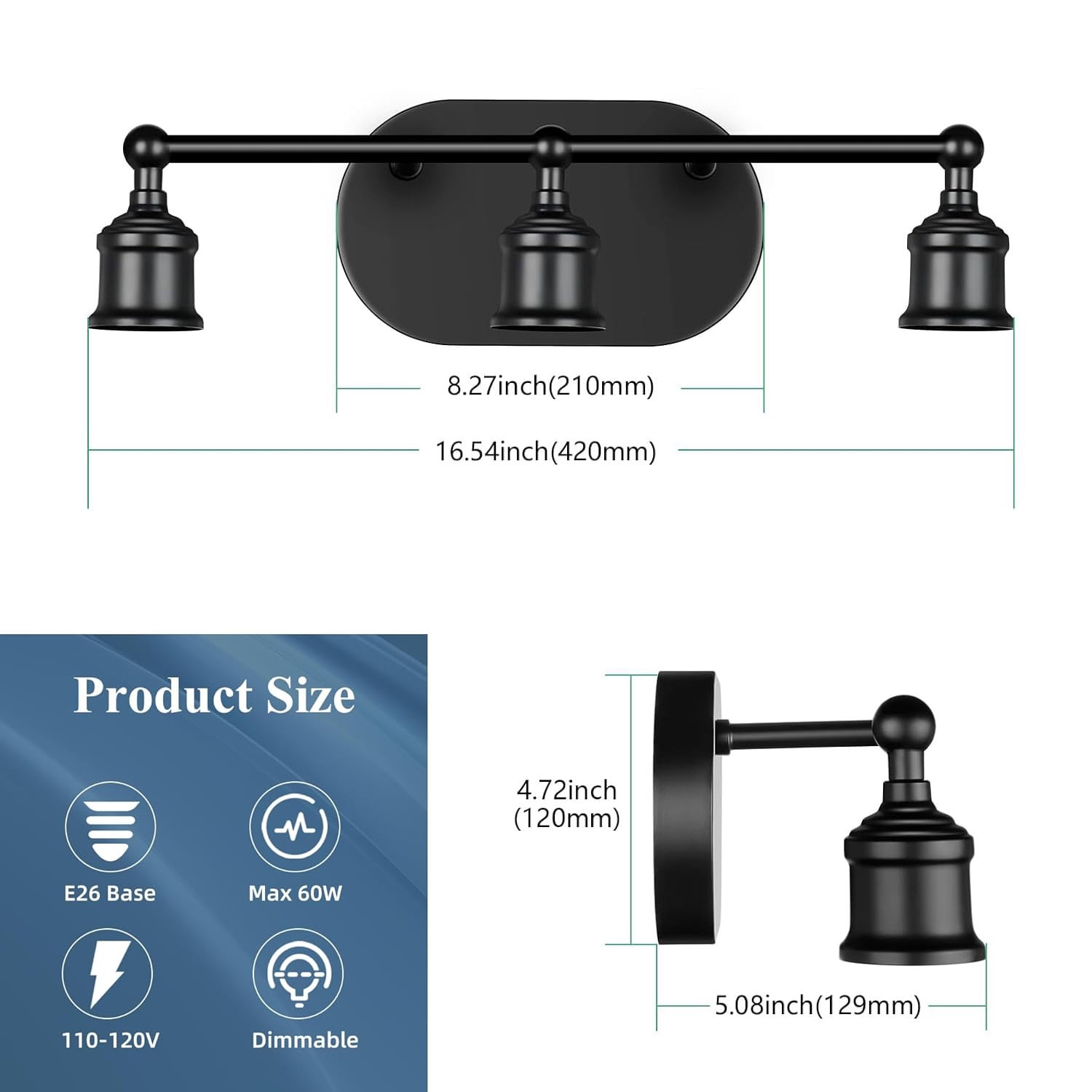 Black Vintage Vanity Light Fixture - 3-Light E26 Wall Mount for Bathroom (Bulbs Not Included)