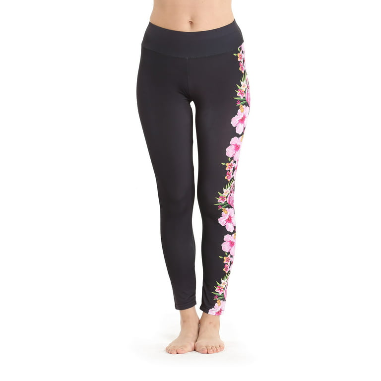 Hawaii Hangover Women's Tropical Print Performance Yoga Excercise Full  Ankle Length Legging in Side Flamingo FLoral in Black XS/S