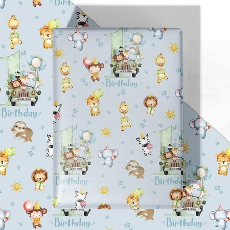 WRAPLULU Animals 1st Birthday OKA4 Wrapping Paper - 4 Jumbo Sheets, 28 * 40 Inches - Blue Safari Jungle Zoo Animal Gift Wrap Gift Wrap, Perfect for Baby Boy First Birthday's Party or Baby Shower