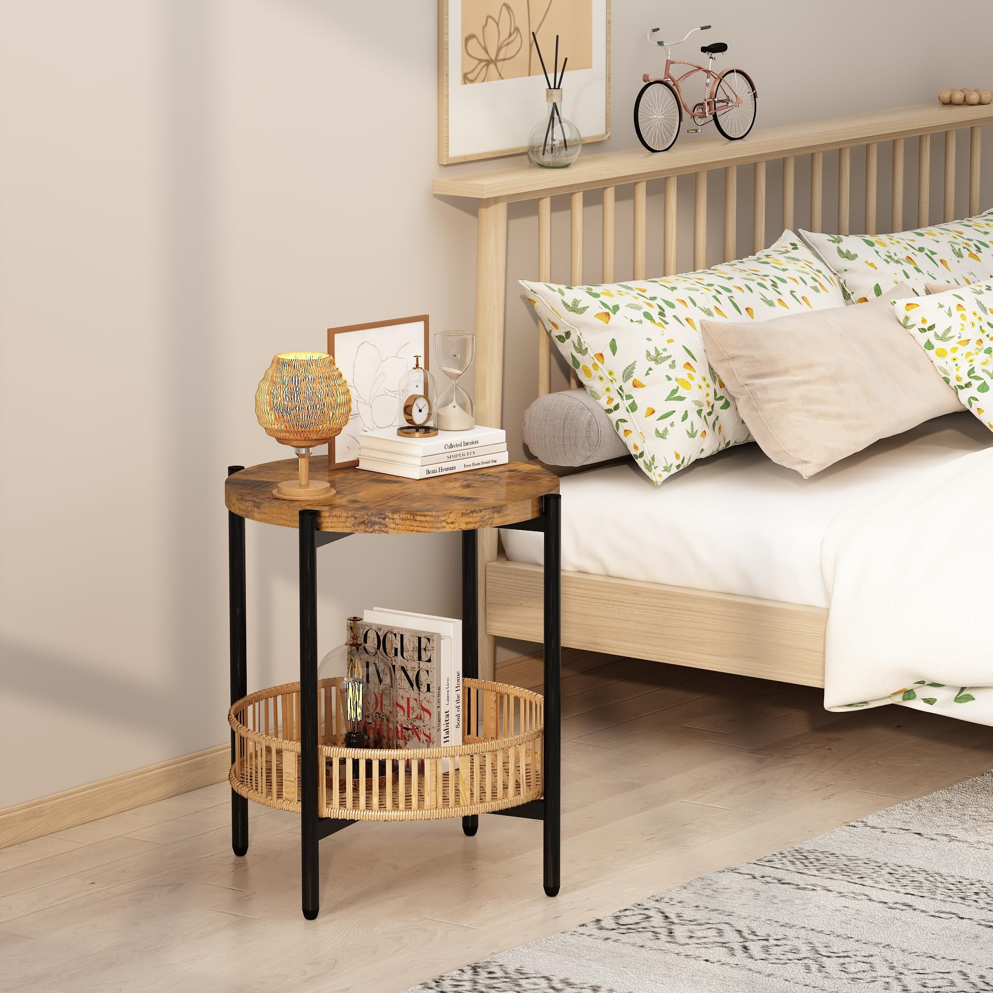 Furlinkhm 3-Piece Coffee Table Set with Rattan Storage, Round Wood Coffee Table and End Tables for Living Room, Boho Farmhouse Style Side Tables with Metal Frame, Brown