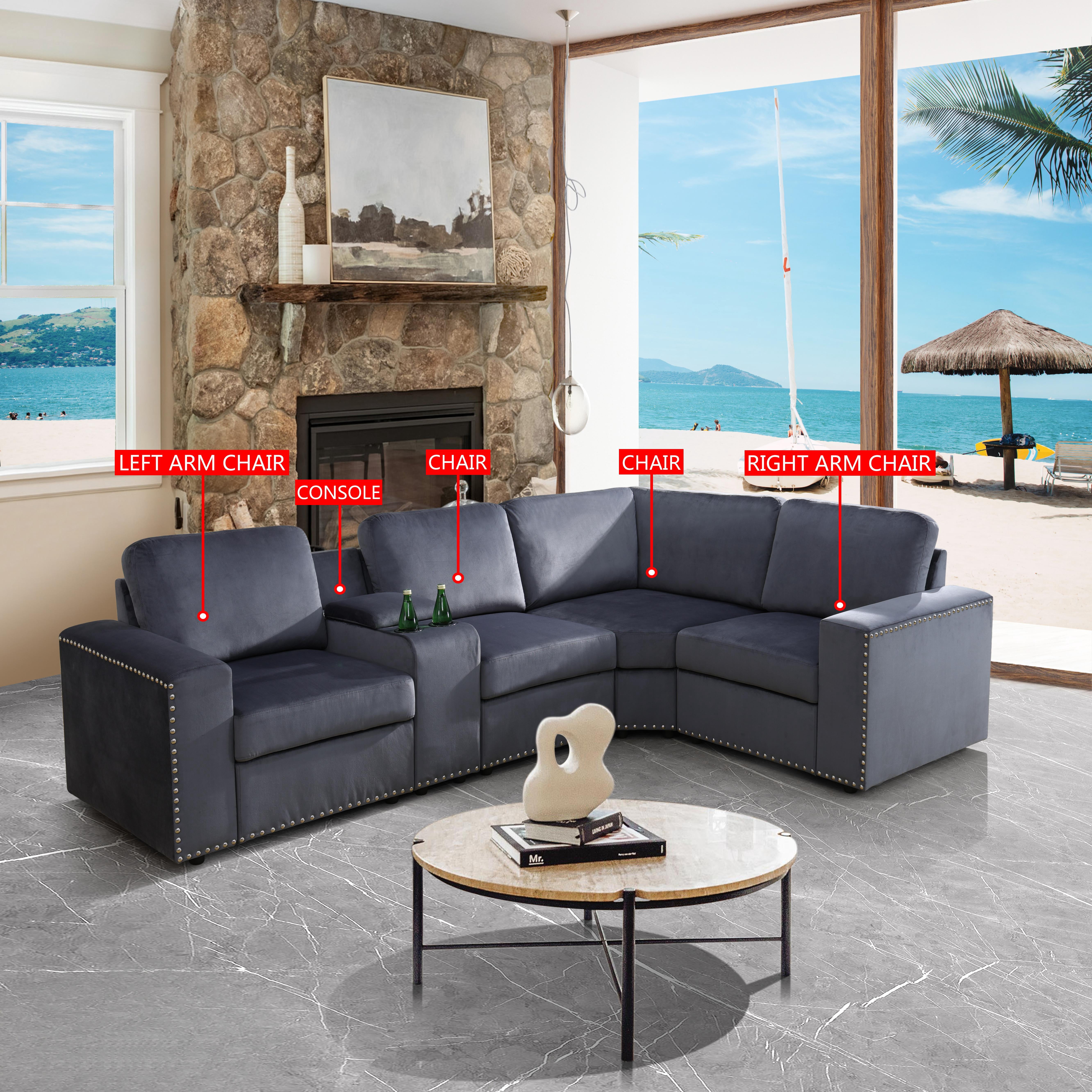 Gewnee 4-Seater Dark Grey Modular Sofa with Microfiber Fabric, Solid Wood Frame, Double Springs, Storage and Cup Holder for Living Room