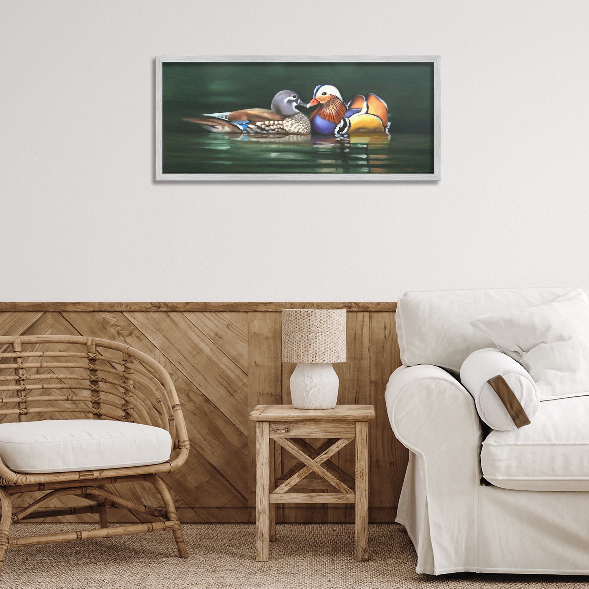 Stupell Industries Patterned Birds in Lake Animals & Insects Painting Gray Framed Art Print Wall Art, 30 x 13