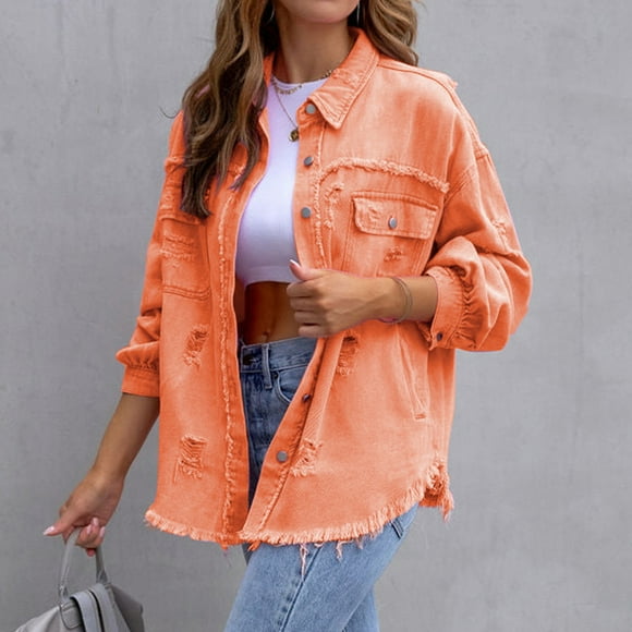 EGNMCR Women's Long Sleeve Hoodless Denim Outwear & Jackets, Women's Casual Denim Jacket, Women's Fashion Long-Sleeved Denim Jacket With Burrs And Holes Women's denim jacket