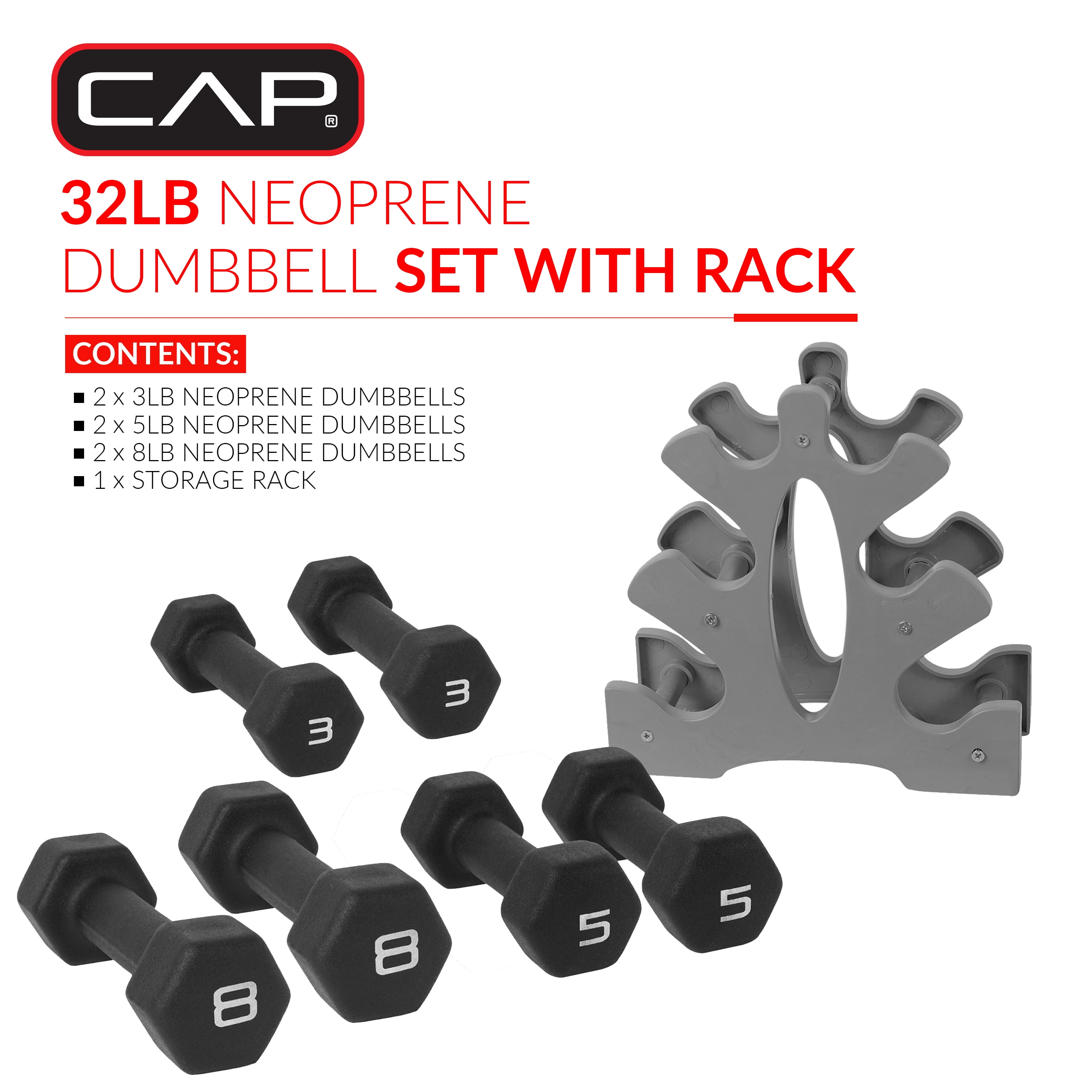 CAP Barbell 32 lb Neoprene Dumbbell Set with Rack, Black