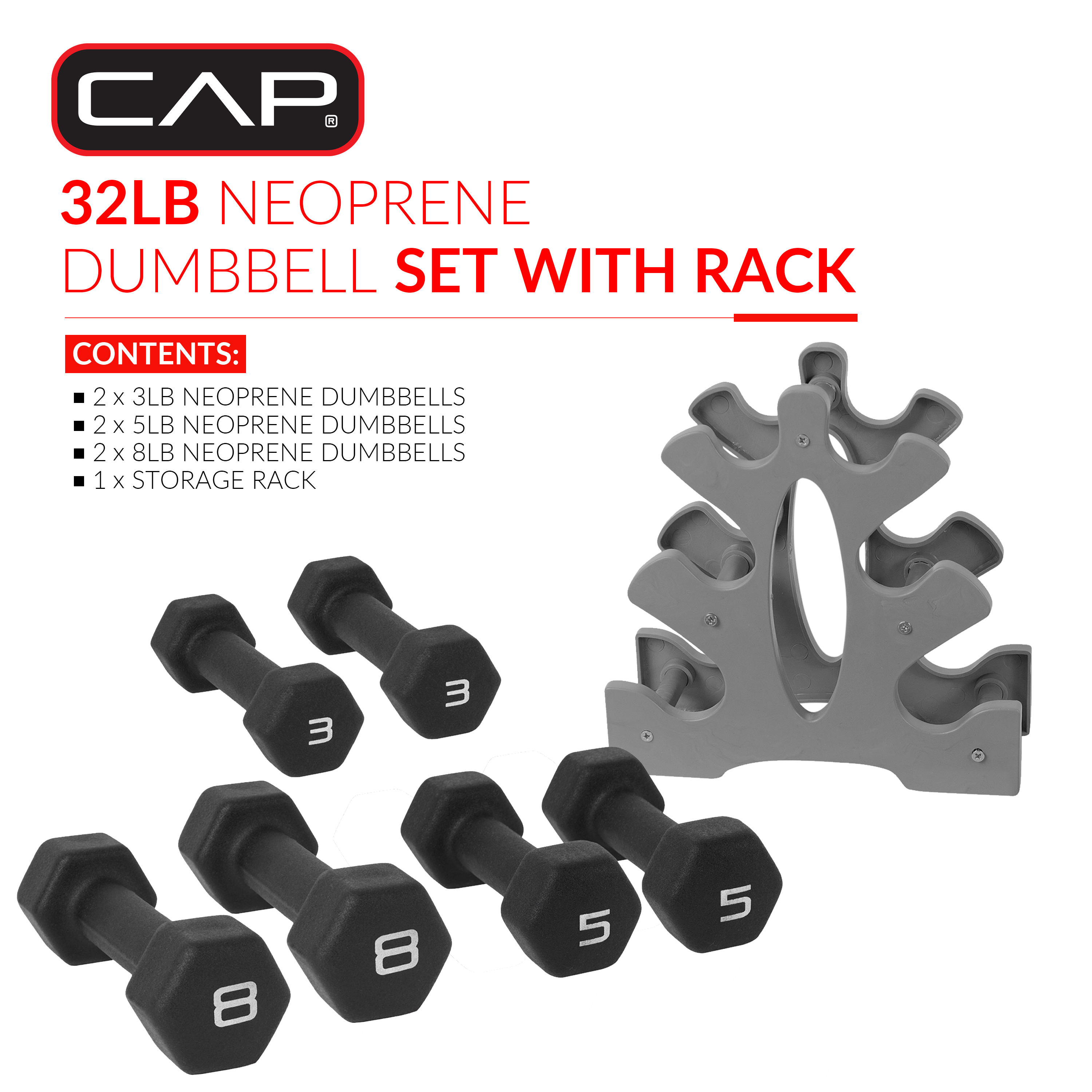 CAP Barbell 32 lb Neoprene Dumbbell Set with Rack photo 3