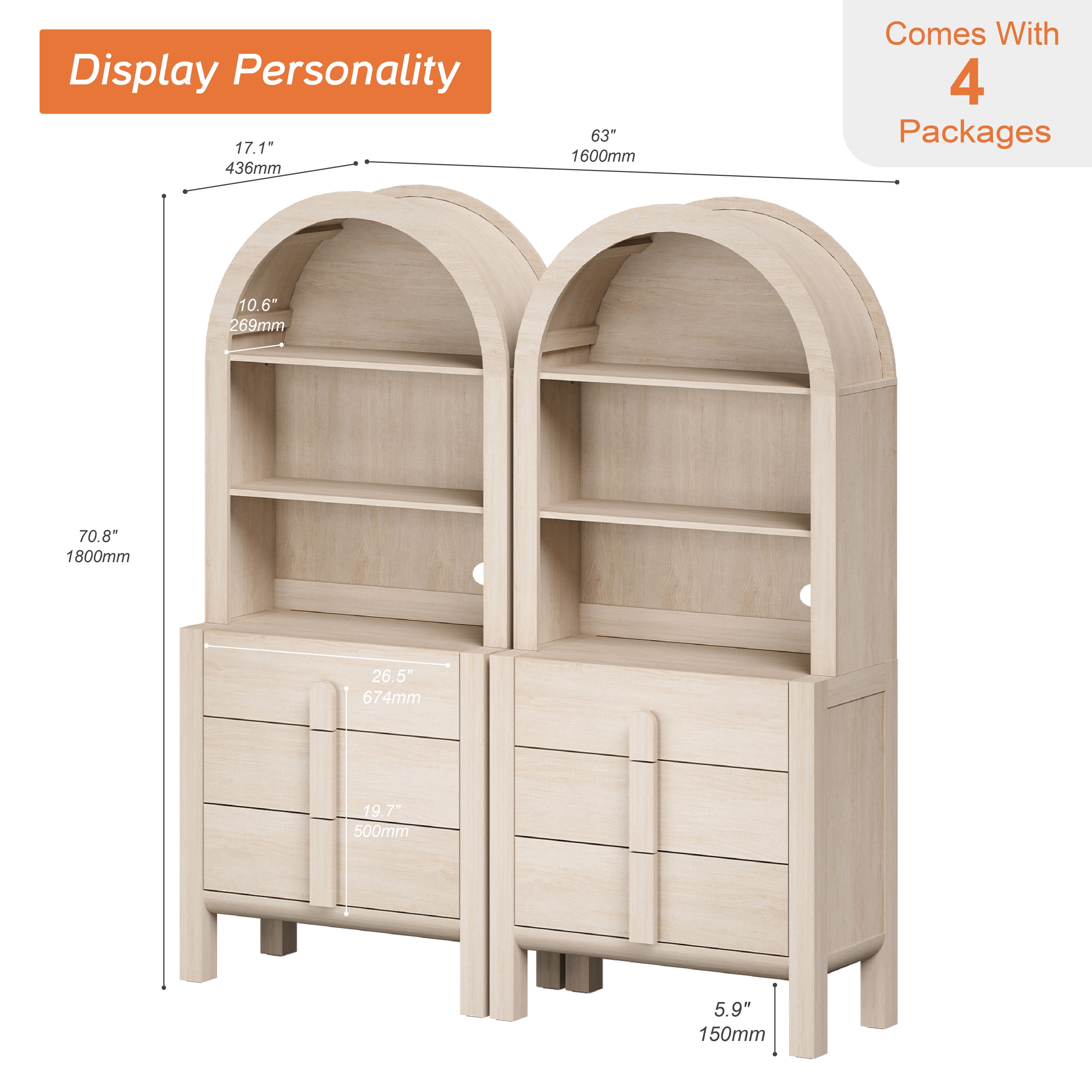 71" Tall Arched Kitchen Pantry Cabinet Set of 2, Wood Bookcase Display Cabinet With Drawers And Open Arched Shelves, Mid-Century Modern Versatile Cupboard For Dining Room, Bedroom
