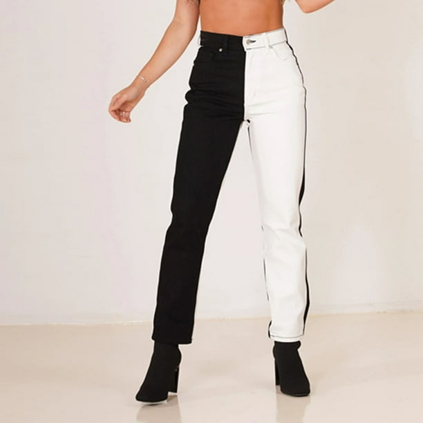 Mujer Pantalones Jeans De Dos Tonos Pantalones Vaqueros De Retazos