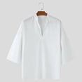 thumbnail image 4 of CLOISE 3/4 Length Sleeve Mens Tops Bell Sleeve Shirts Loose Solid Color V Neck Pullover Casual Fall Clothes White S, 4 of 8