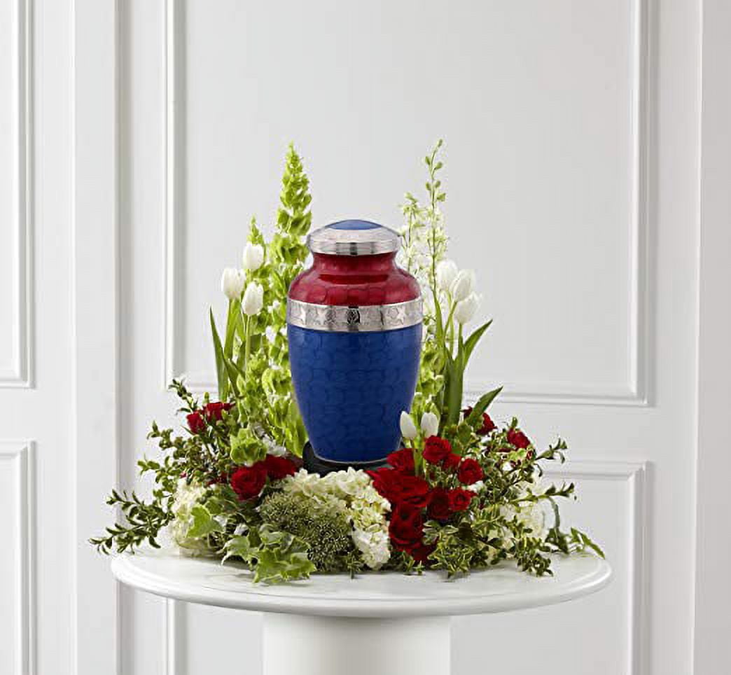 American Honor and Glory Cremation Urn - Large Solid Brass Red and Blue Star Veteran Urn - Adult Handcrafted Affordable American Flag Urn for Ashes with Free Bag