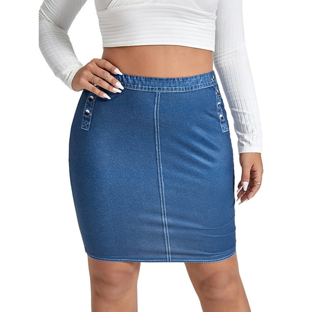 MAWCLOS Ladies Plus Size Short Skirts A Line Faux Denim Jean Skirt