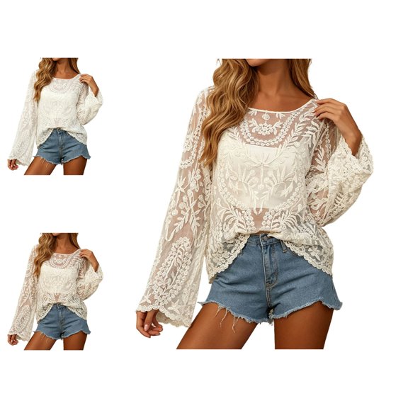 Crochet Swimsuit Cover Up for Women Long Sleeves Boho Top Boho Clothes for Women